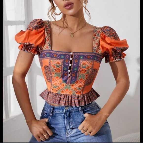 SHEIN Floral Print Puff Sleeve Square Neck Button Front Ruffle Hem Blouse, large - Picture 1 of 11